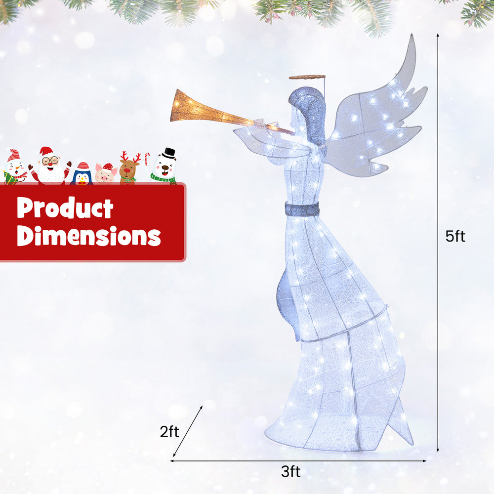 5-foot Christmas angel decoration with 100 LED lights, featuring a trumpet and large wings, perfect for outdoor holiday.