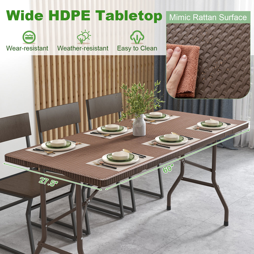 Wide HDPE tabletop with mimic rattan surface, 60" x 27.5", perfect for indoor and outdoor gatherings.