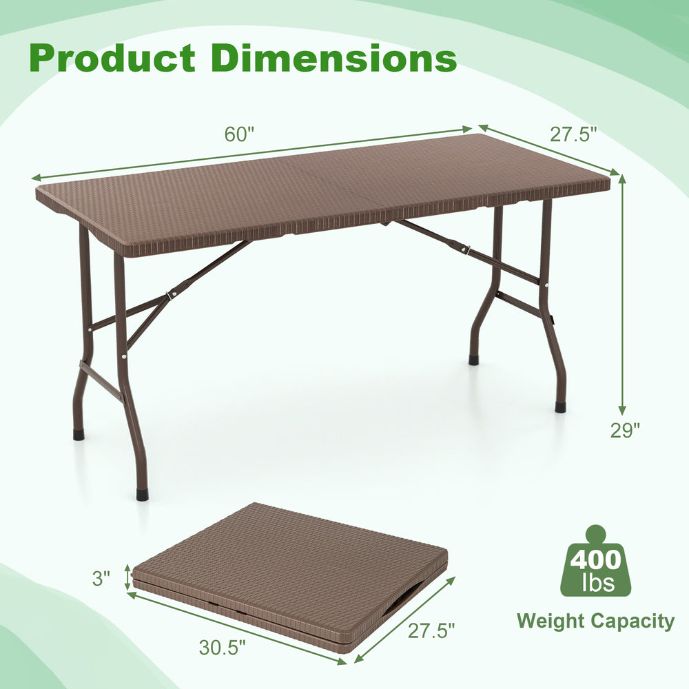 5FT folding picnic table with rattan grain HDPE tabletop, sturdy metal frame, dimensions 60" x 27.5", 400 lbs capacity.
