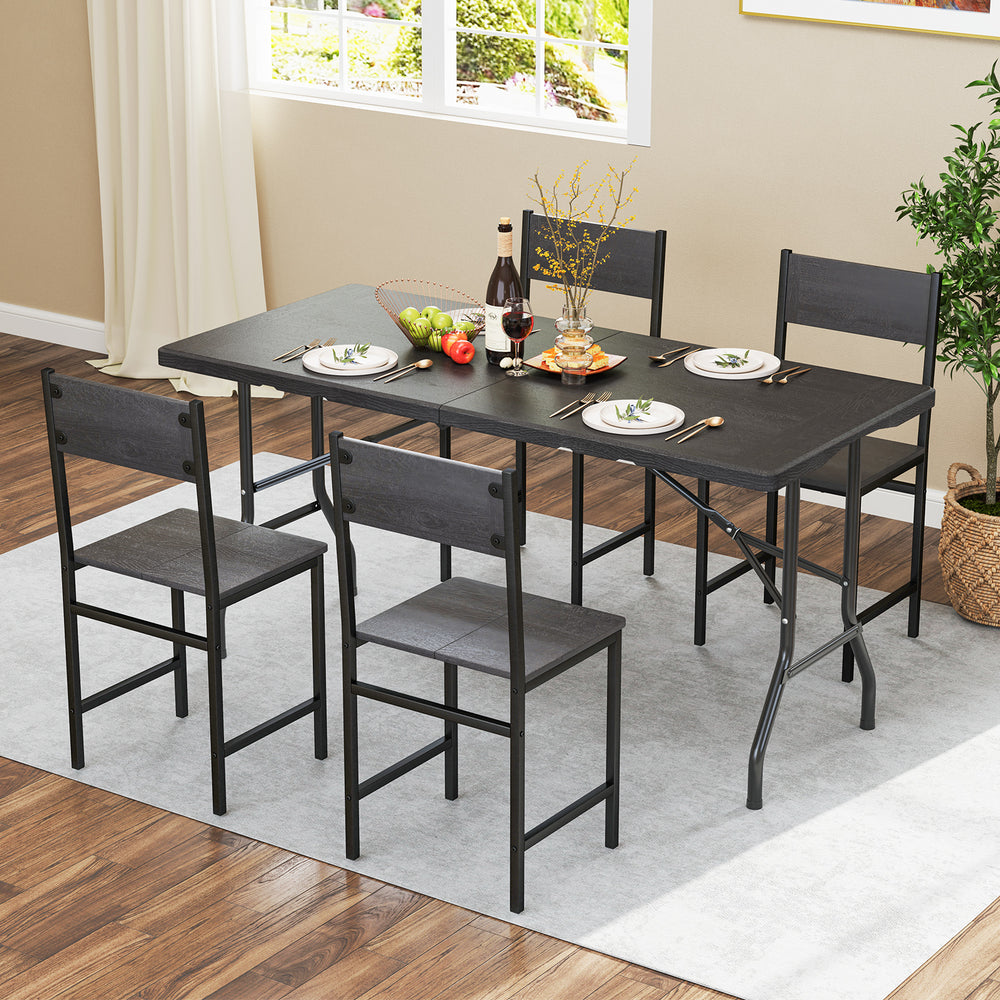 Folding picnic table with wood grain HDPE tabletop, accommodating 4-6 people, ideal for indoor and outdoor use.