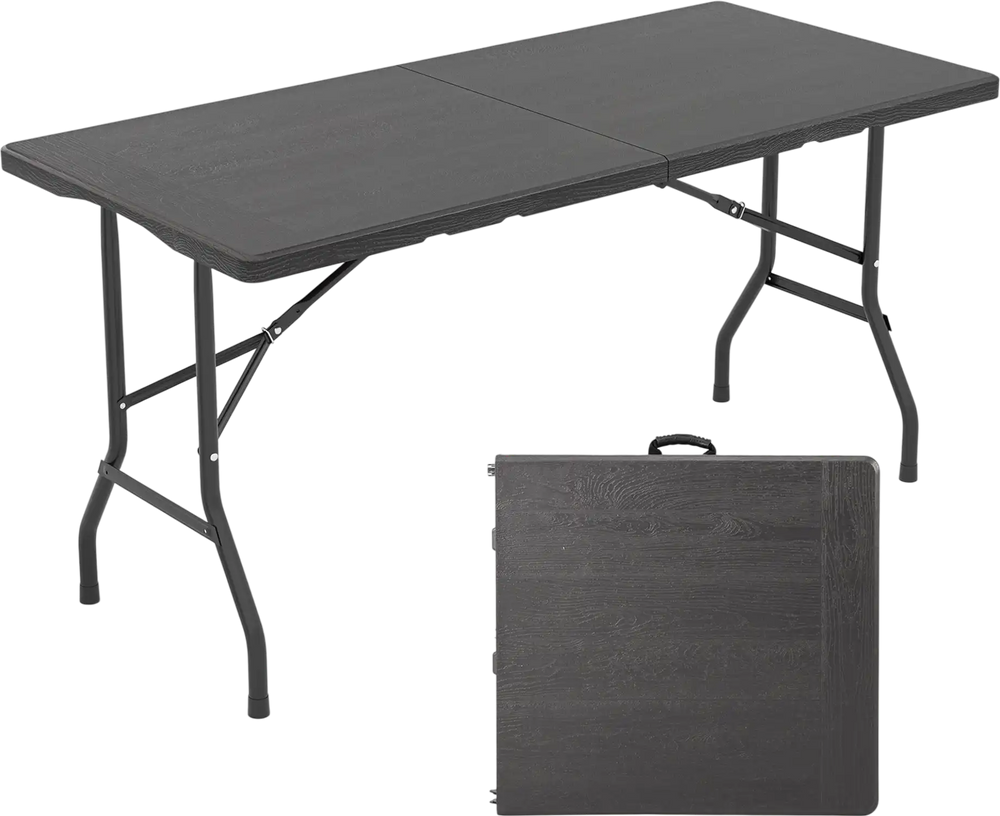 Folding picnic table with wood grain HDPE tabletop, portable design, and non-slip foot pads for indoor and outdoor use.