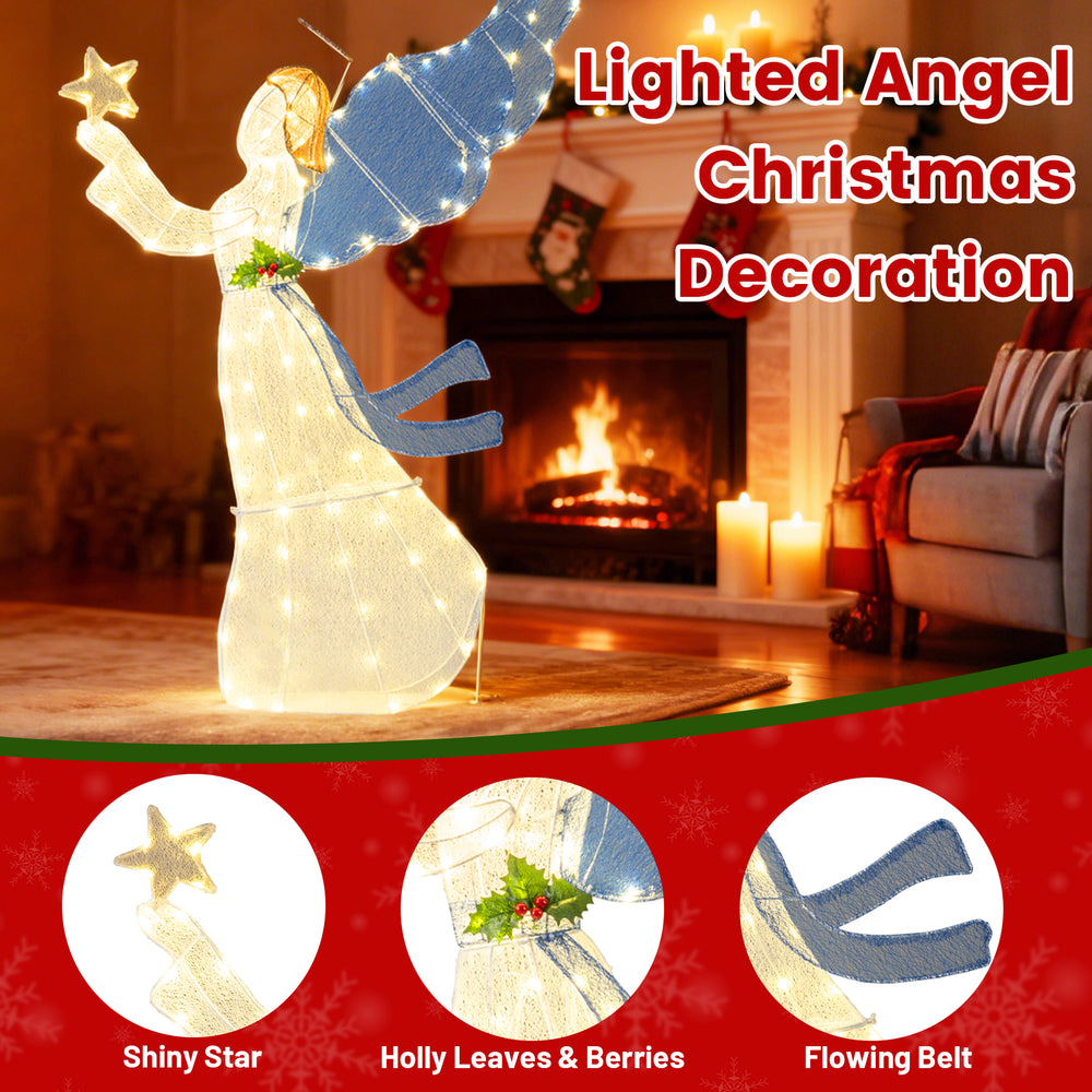 5 feet lighted angel Christmas decoration with wings, warm LED lights, and holly leaves, perfect for indoor and outdoor.