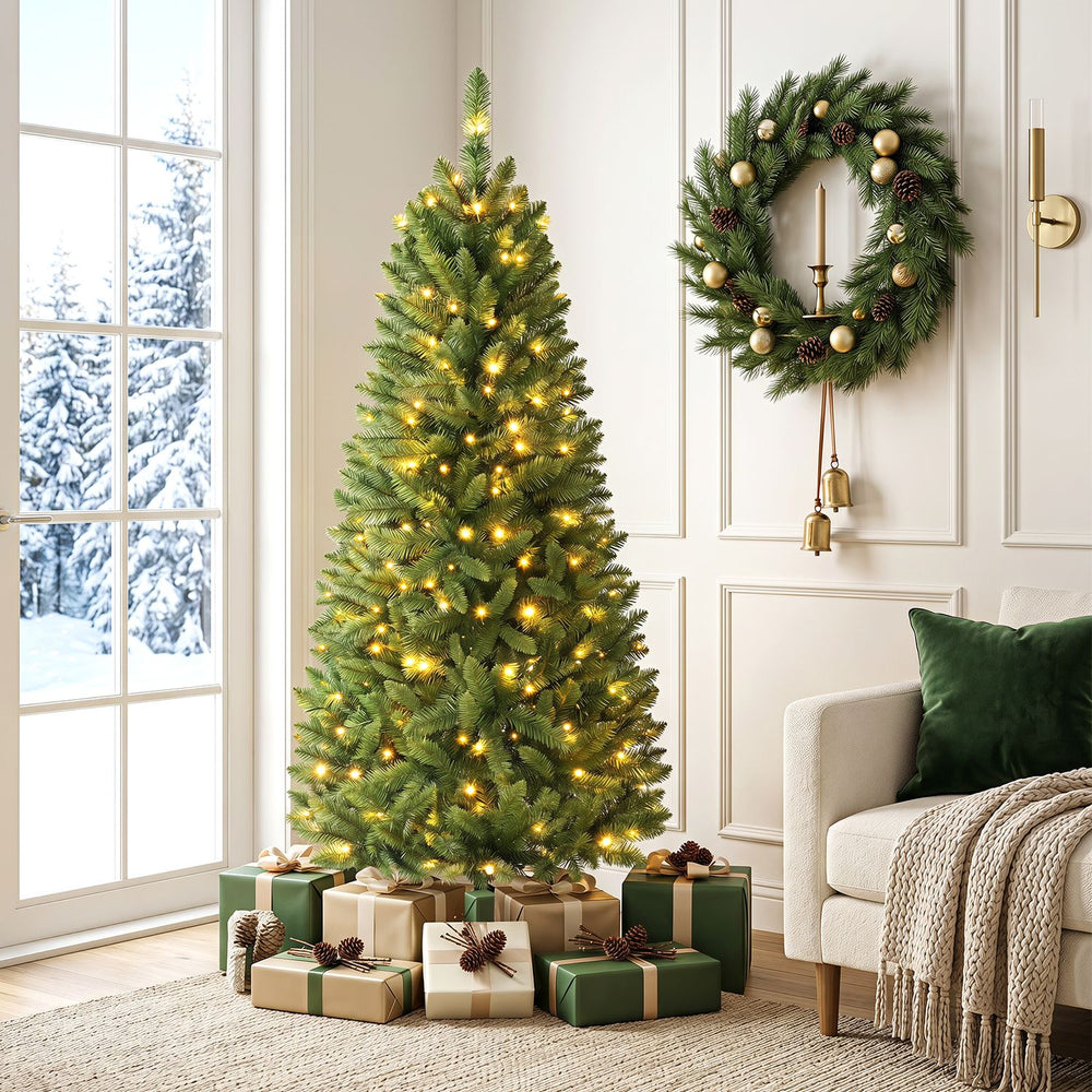 5-foot pre-lit artificial fir pencil Christmas tree with 150 LED lights, perfect for cozy holiday corner decorations.