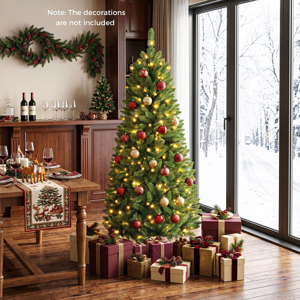 5-foot pre-lit artificial fir pencil Christmas tree with 150 LED lights, ideal for space-saving holiday decoration.