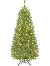 5-foot pre-lit artificial fir pencil Christmas tree with 150 LED lights, perfect for small spaces and festive decoration.