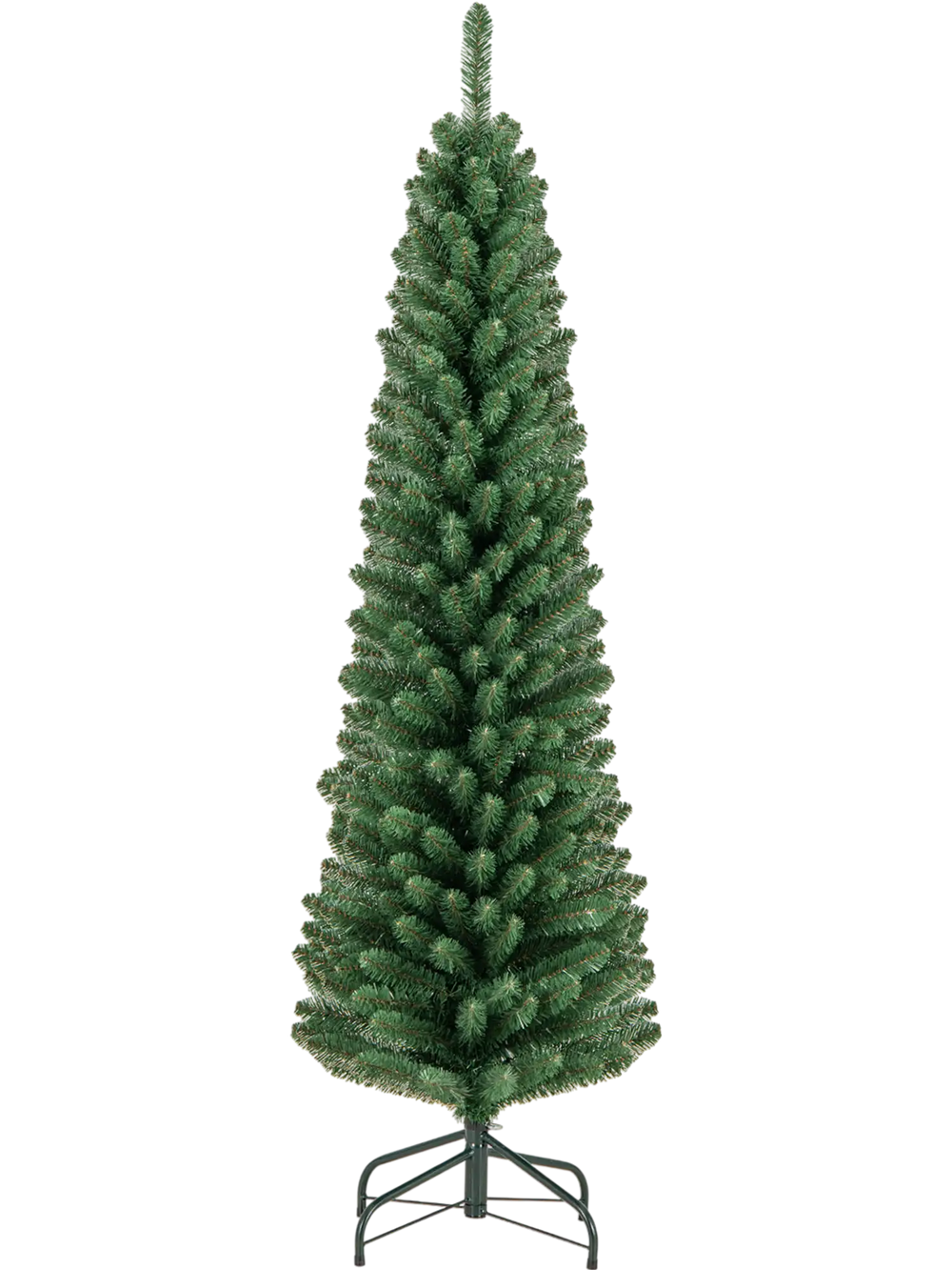 5-foot pencil Christmas tree with 295 branch tips, made of fireproof PVC, featuring a sturdy metal stand for stability.