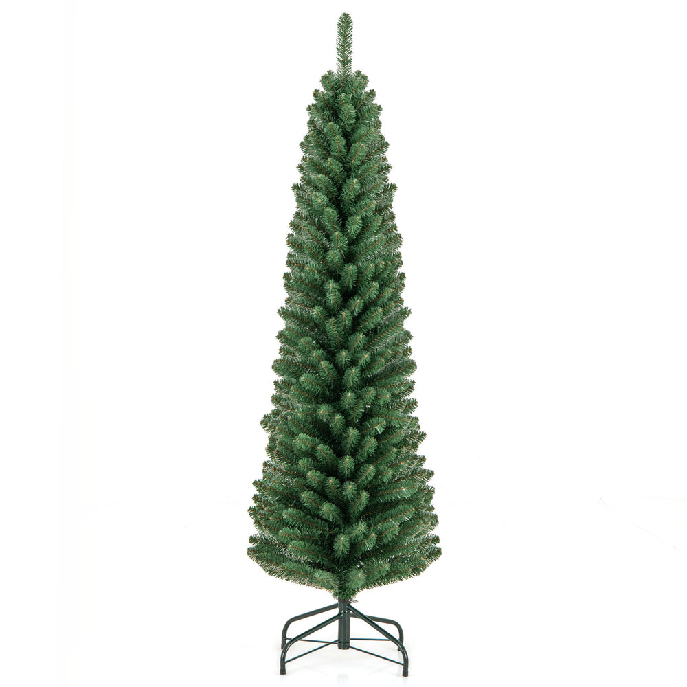 5-foot pencil Christmas tree with 295 memory wire branch tips and upgraded metal stand, perfect for festive decor.