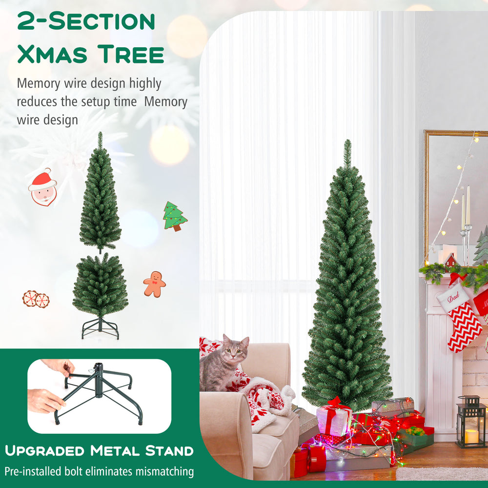 5-foot pencil Christmas tree with memory wire branch tips and upgraded metal stand, perfect for home or office holiday.