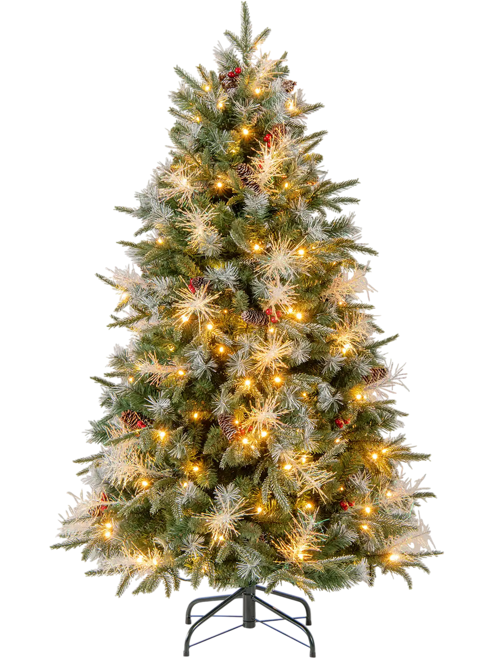5 feet pre-lit artificial Christmas tree with snow-tipped branches, red berries, and warm white LED lights for festive.