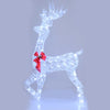 5-foot pre-lit Christmas reindeer with 100 LED lights, red bow, and snowflake decorations for festive outdoor display.
