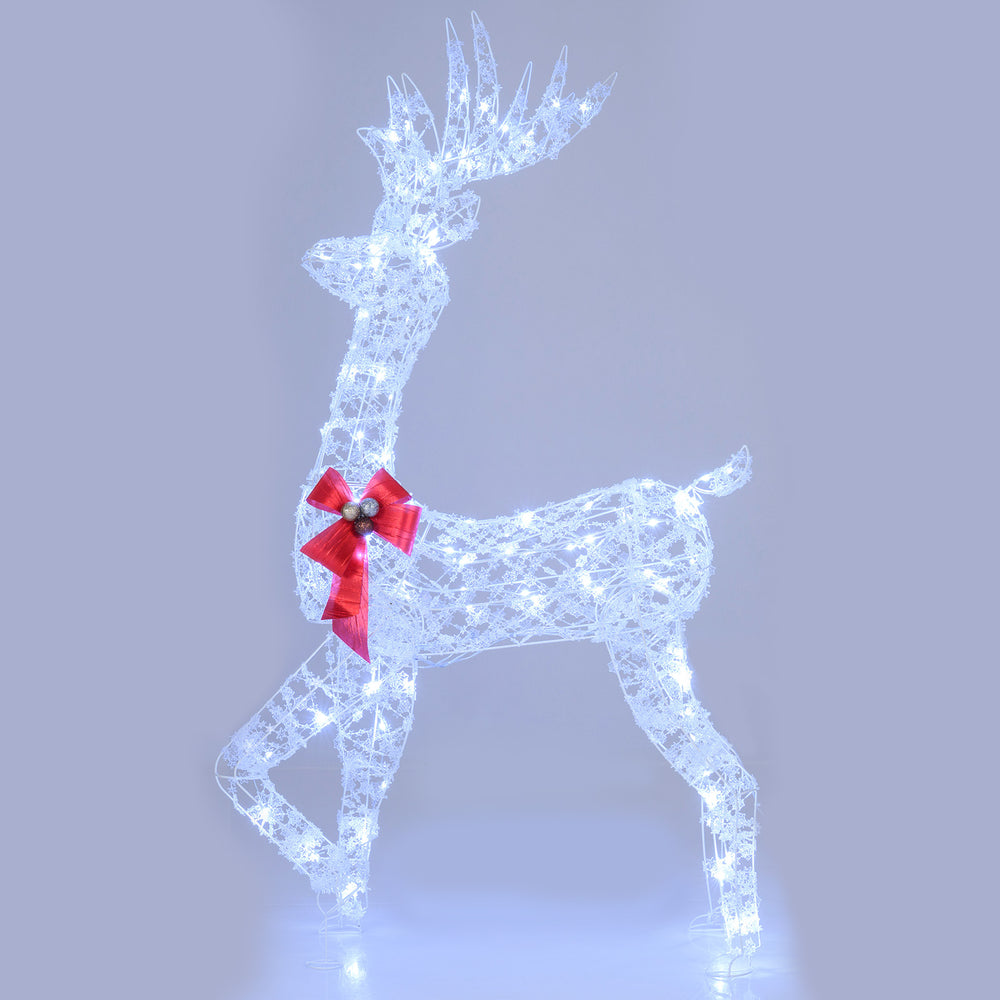 5-foot pre-lit Christmas reindeer with 100 LED lights, red bow, and snowflake decorations for festive outdoor display.