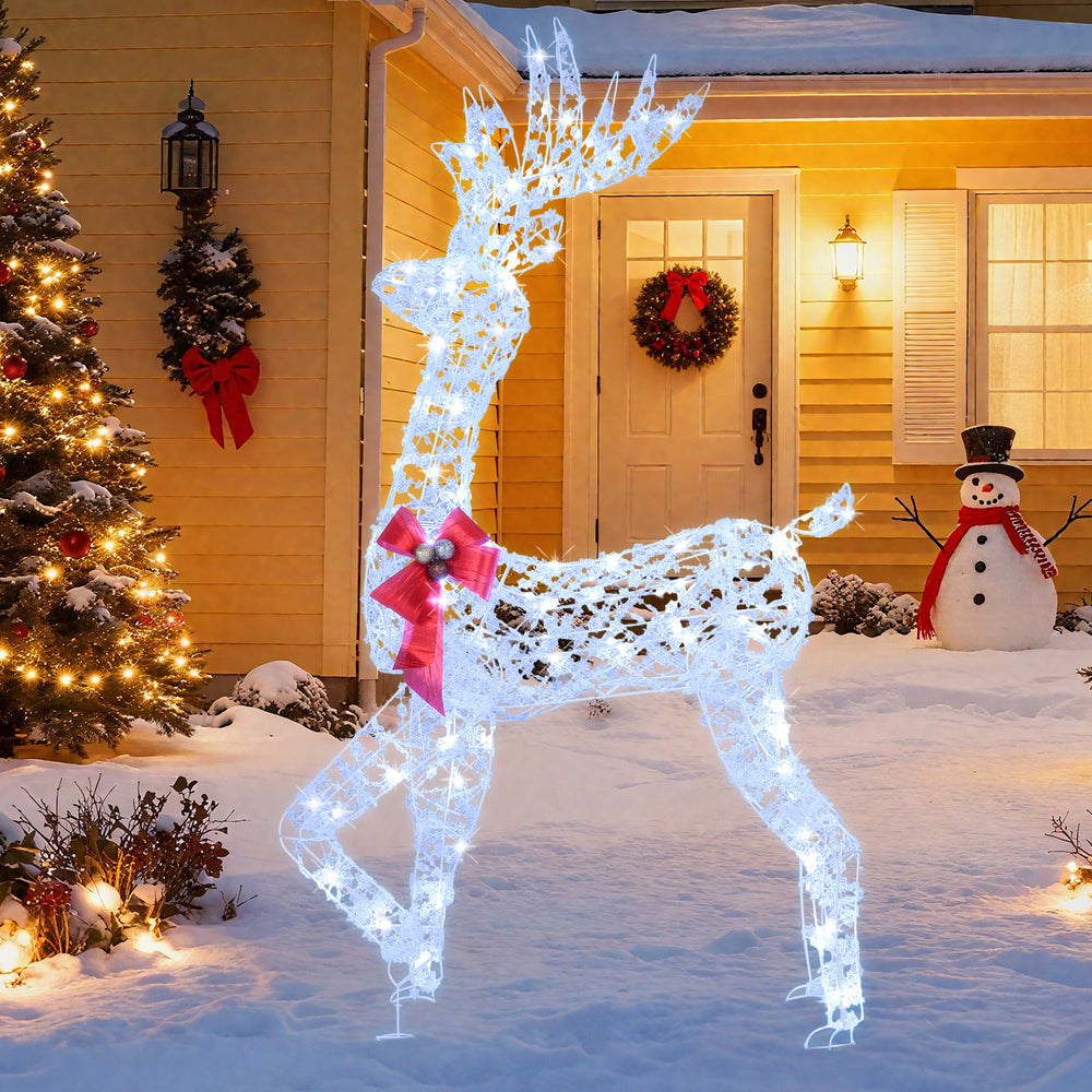 5-foot pre-lit Christmas reindeer with 100 LED lights, red bow, and snowflake decorations, perfect for outdoor display.
