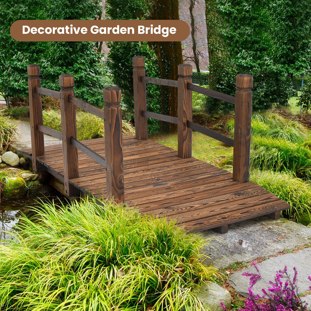 5 Feet Wooden Garden Bridge with Safety Rails-Brown - Gallery View 1 of 10