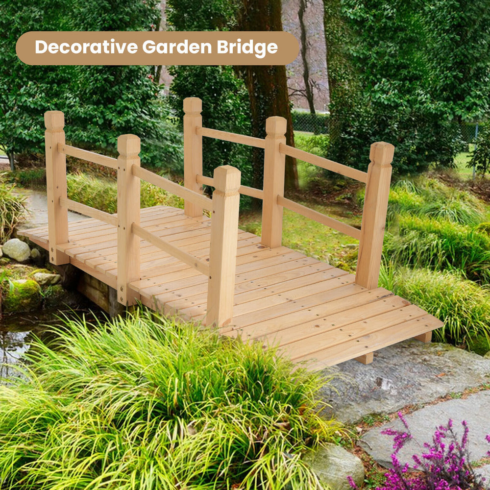 5 Feet Wooden Garden Bridge with Safety Rails-Natural - Gallery View 1 of 10