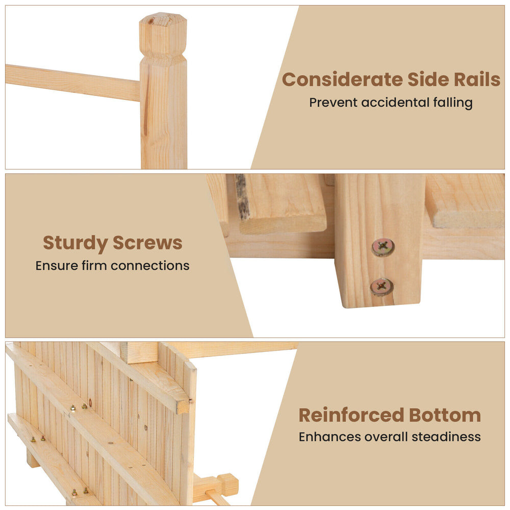 Close-up of the 5 feet wooden garden bridge showing sturdy screws and reinforced bottom for enhanced stability outdoors.