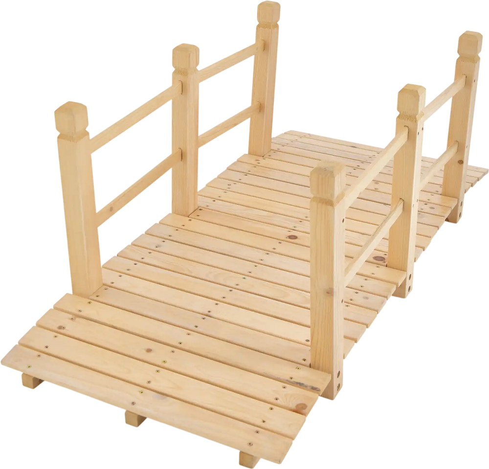 5 feet wooden garden bridge with safety rails, made of fir wood, ideal for backyard or garden use.