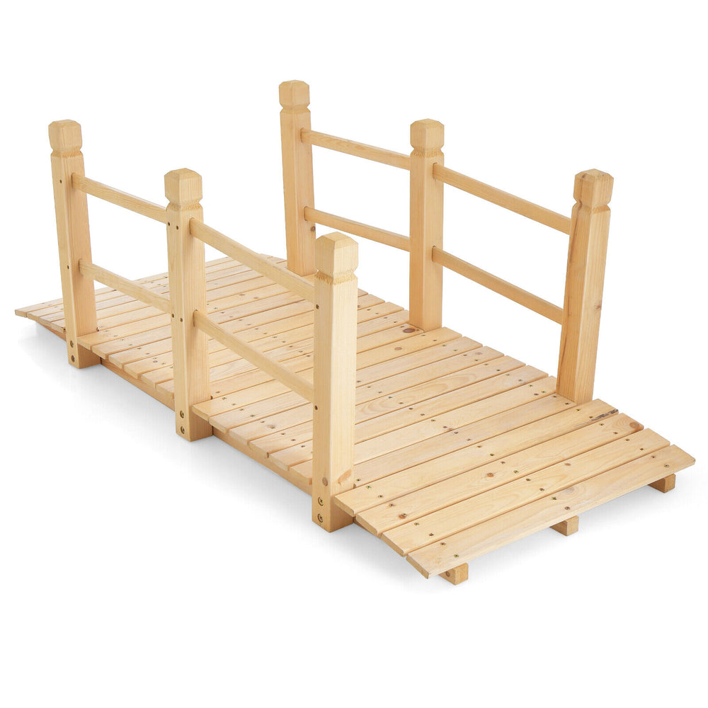 5 feet wooden garden bridge featuring a smooth painted surface and sturdy handrails, perfect for a creek or gravel road.