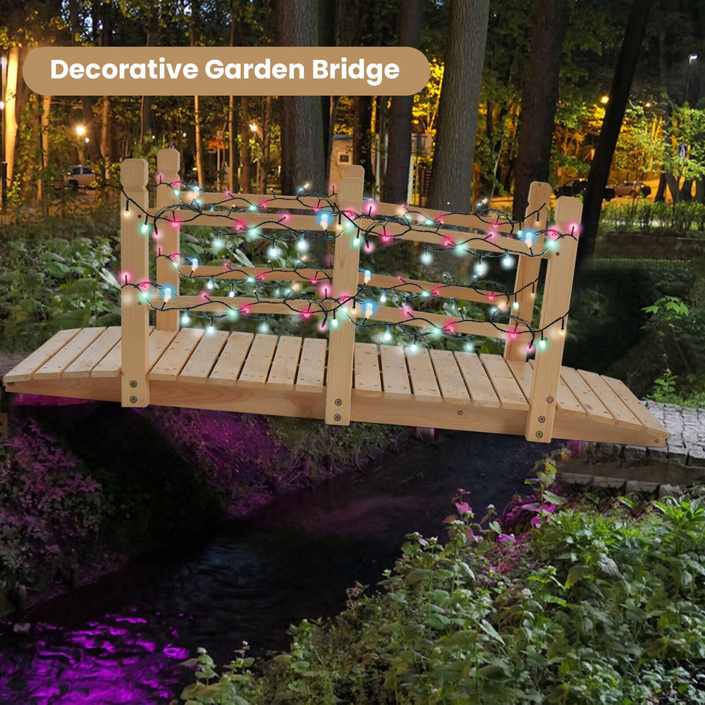 5-foot wooden garden bridge with safety rails, made of fir wood, perfect for backyard or garden decoration.