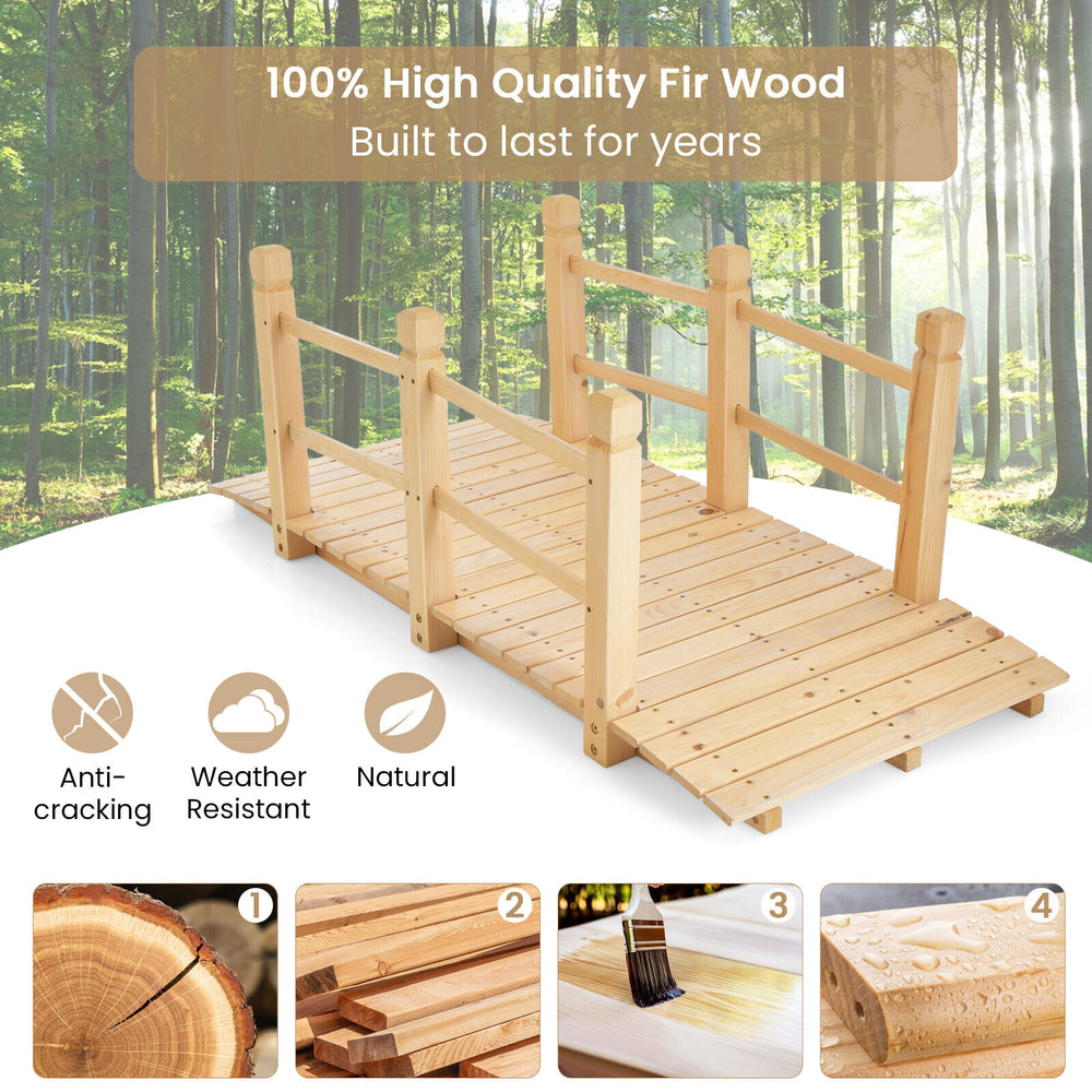 5 feet wooden garden bridge made of fir wood with safety rails, perfect for backyard or garden use.