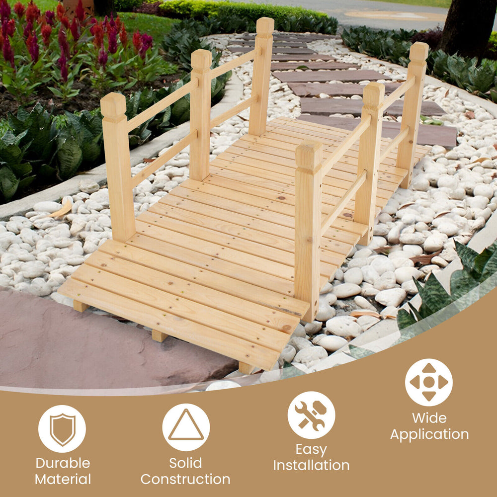 5 feet wooden garden bridge with a natural finish, featuring sturdy handrails and designed for easy outdoor.