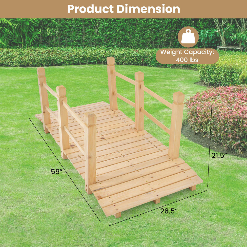5 feet wooden garden bridge with safety rails, made of fir wood, ideal for backyard or garden use, weight capacity 400.