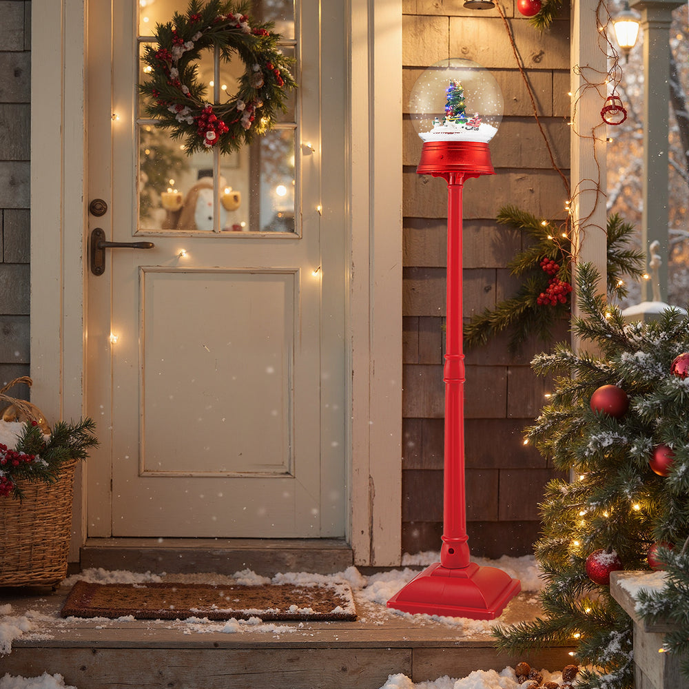 5 Ft red musical Christmas street lamp with swirling snow, LED lights, and 8 classic tunes, perfect for festive decor.