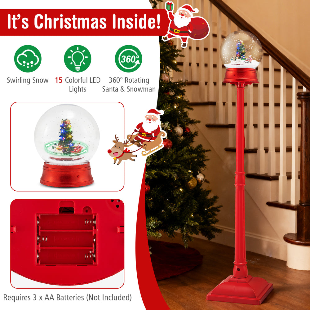 5 Ft red musical Christmas street lamp with rotating Santa and snowman, 15 LED lights, and 8 festive tunes for holiday.
