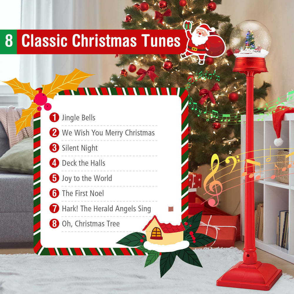 5 ft red musical Christmas street lamp with 8 tunes, swirling snow, and LED lights for festive holiday decor.