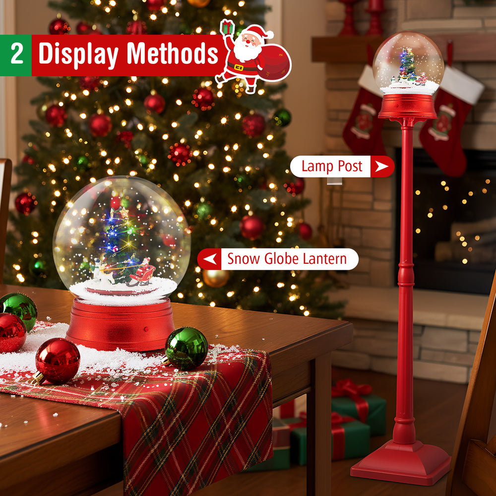 5 Ft red musical Christmas street lamp with swirling snow, 15 LED lights, and 8 classic tunes for festive décor.