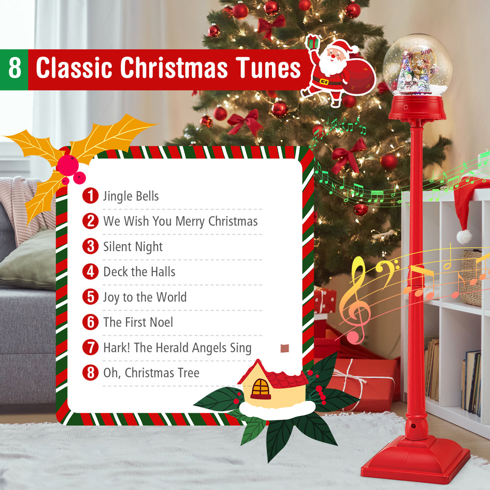 5 Ft red musical Christmas street lamp snow globe lantern with rotating scene, plays 8 classic tunes for festive decor.