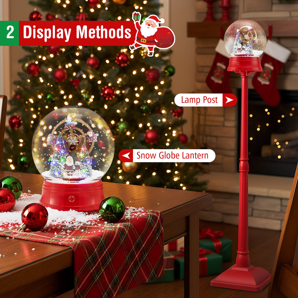 5 ft red musical Christmas street lamp snow globe lantern with rotating scene, perfect for festive tabletop or floor.