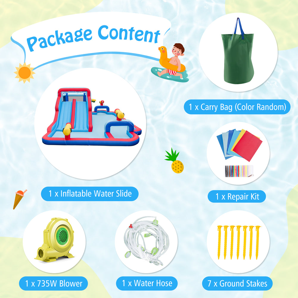 Inflatable bounce house featuring 2 water slides, 3 water cannons, and a 735W blower for summer fun.