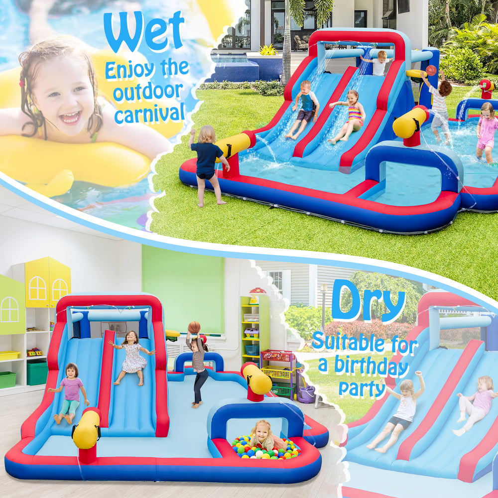 Inflatable bounce house with dual water slides, 3 water cannons, and splash pool for outdoor fun or indoor birthday.