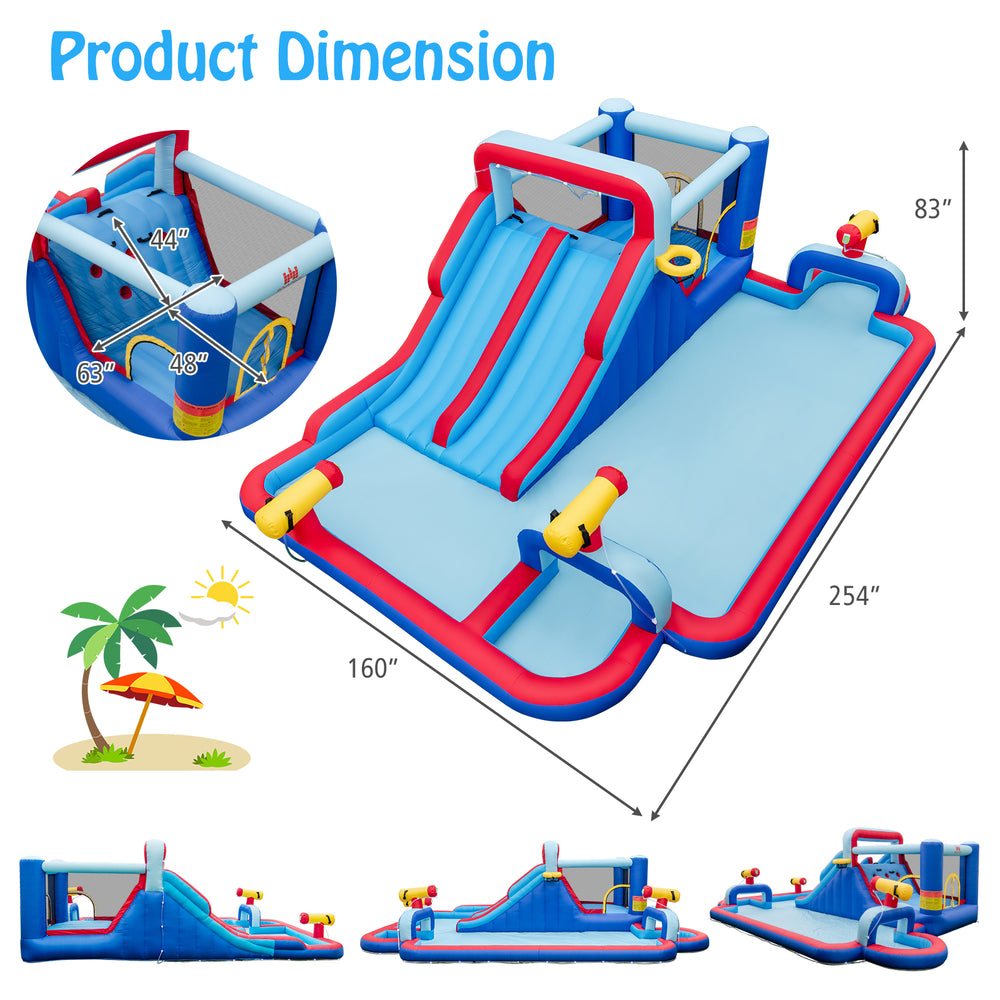 Inflatable bounce house with dual water slides, splash pool, and water cannons for outdoor fun and summer enjoyment.