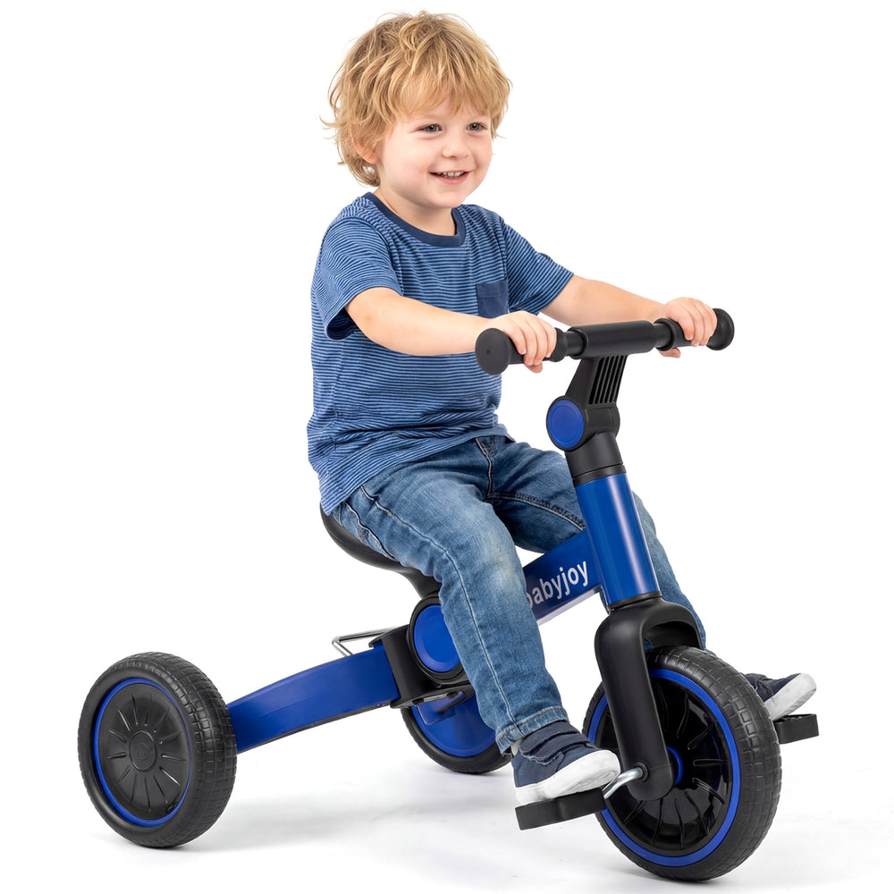 Blue 5-in-1 toddler bike with removable pedals, adjustable handlebar, and comfortable seat for versatile riding fun.