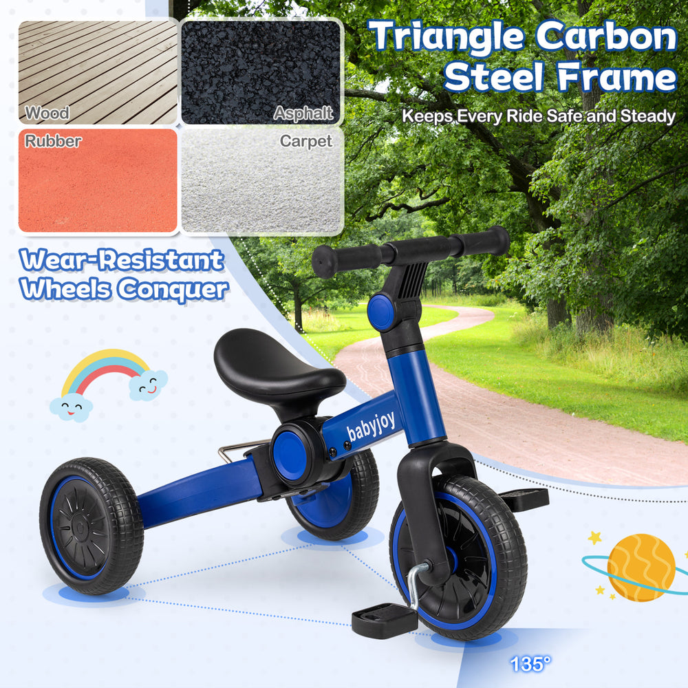 Toddler bike in blue with a triangle carbon steel frame, removable pedals, and wear-resistant wheels for versatile.