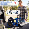 Foldable blue 5-in-1 toddler bike with removable pedals, ideal for easy storage and travel, shown in a car trunk.