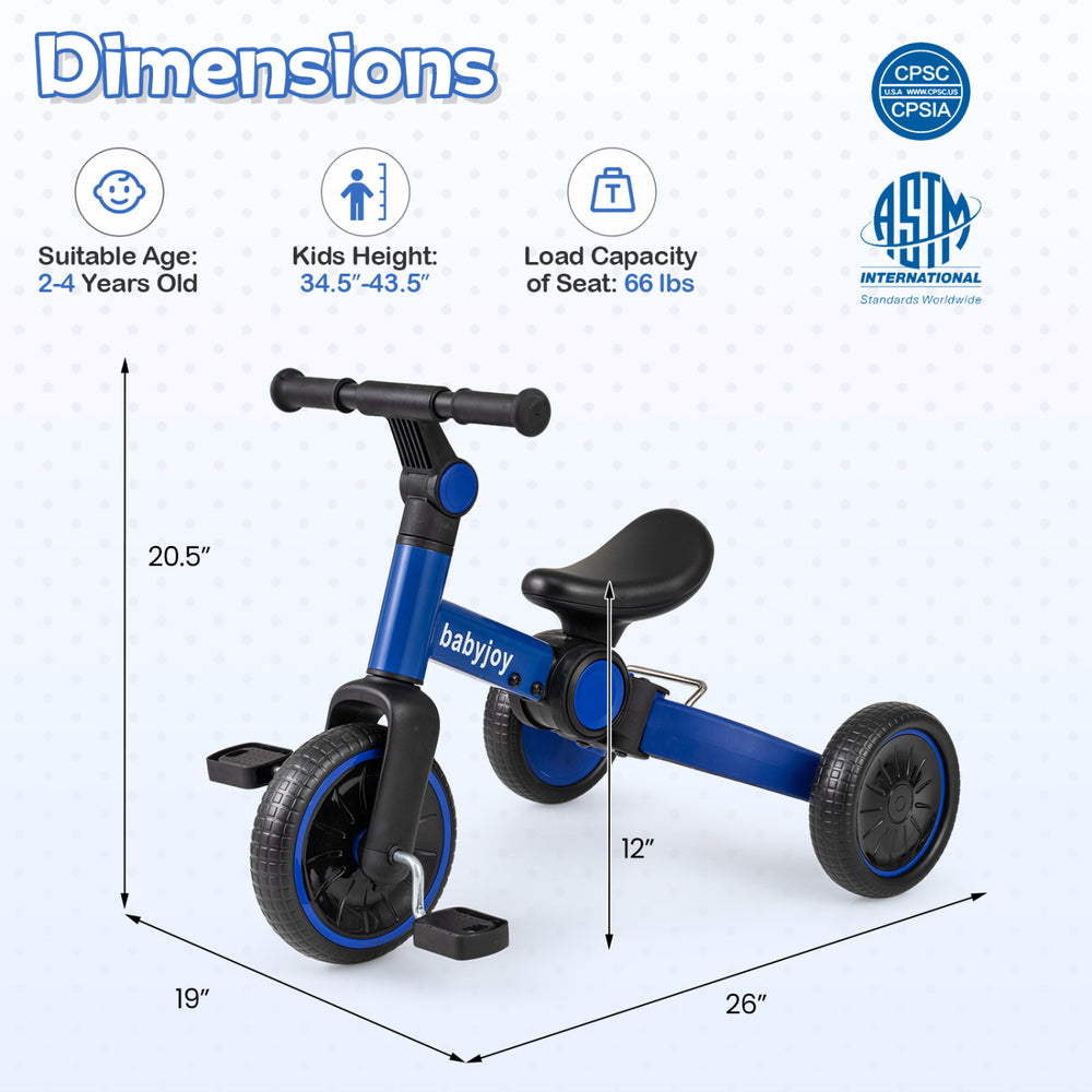 Toddler bike with removable pedals, blue color, adjustable handlebar, suitable for ages 2-4, designed for safe riding.