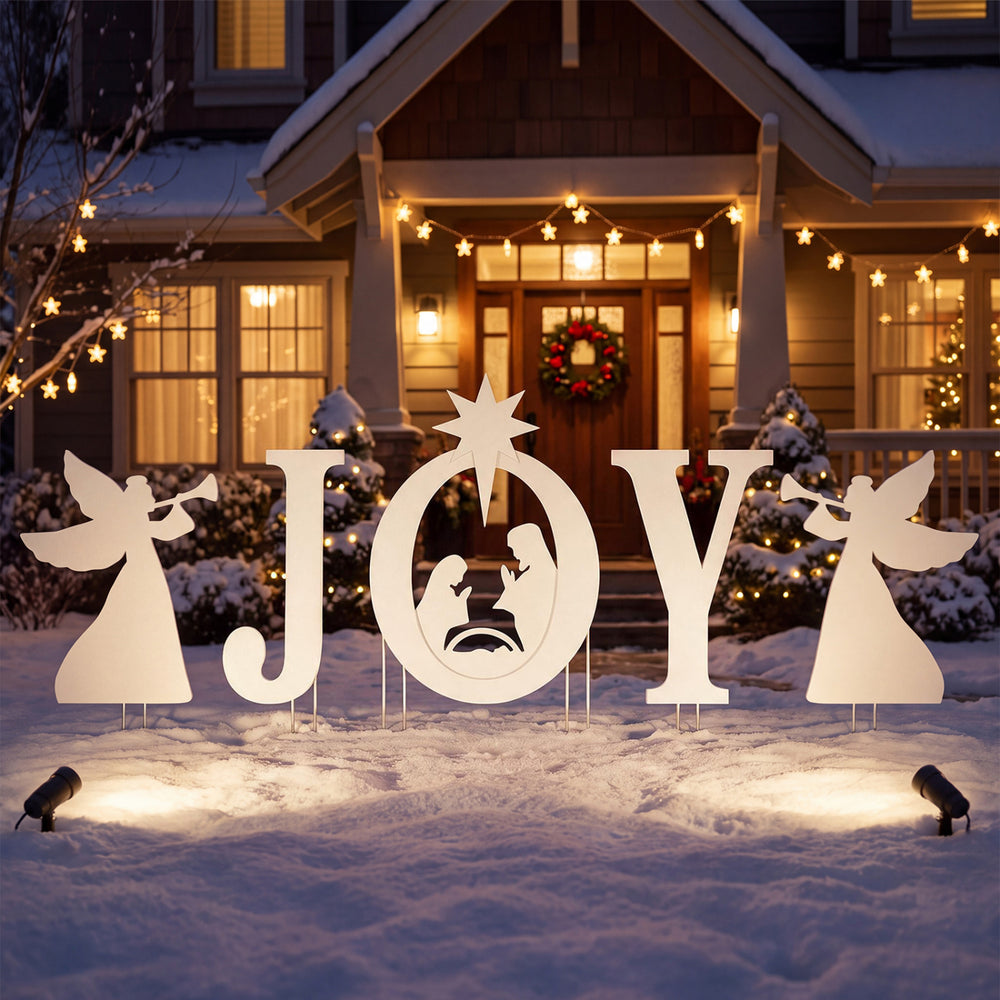 Joyful white nativity yard sign set featuring angels and a holy family silhouette, perfect for outdoor holiday displays.