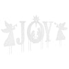 White JOY nativity yard sign set features angels and a holy family silhouette, perfect for festive outdoor displays.