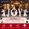 White JOY nativity Christmas yard sign set with angels, waterproof and snow-resistant for outdoor holiday displays.