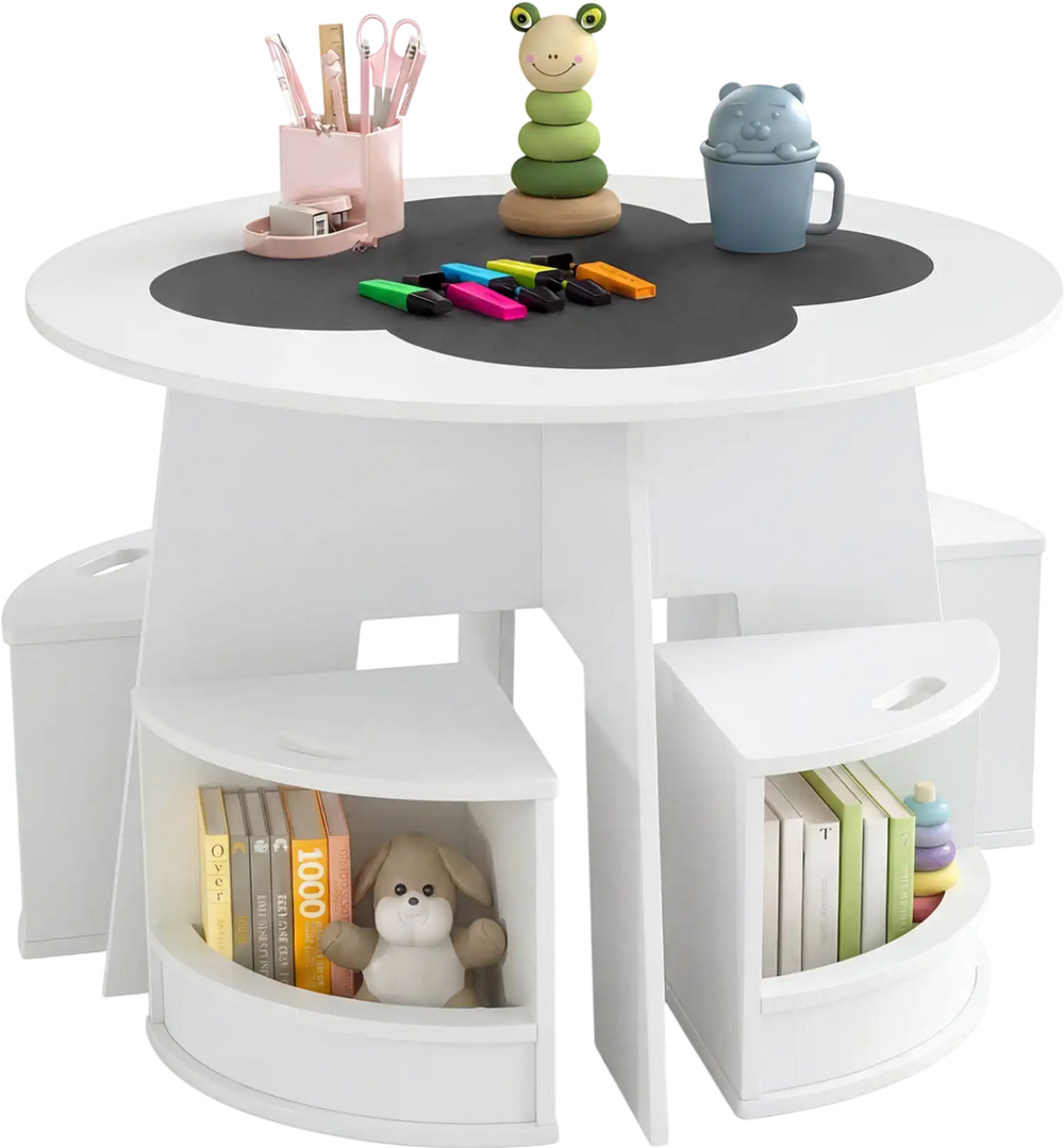 Round kids table with four storage stools, designed for activities, featuring a smooth surface and space-saving design.