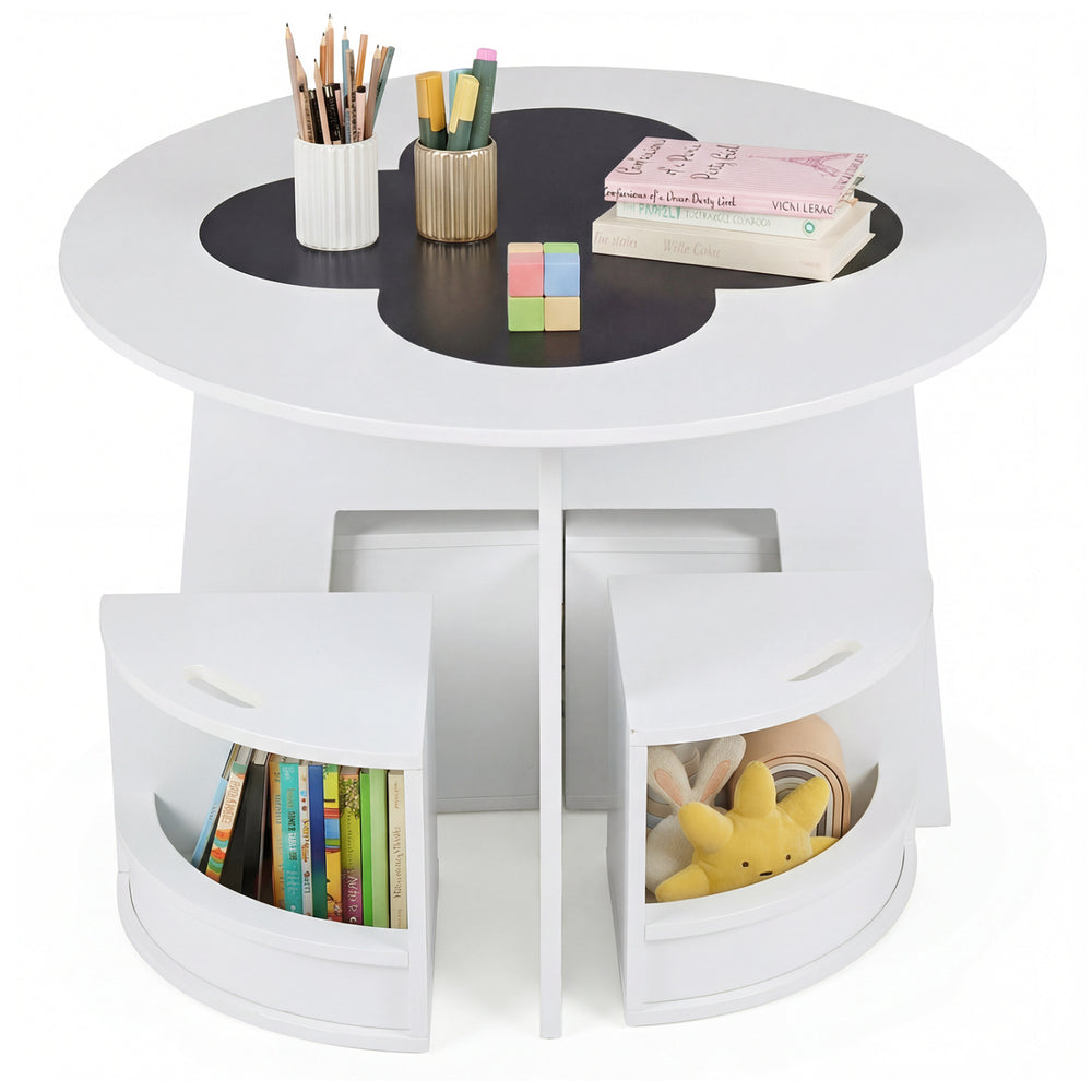 Round kids table with four storage stools, made of child-safe materials, perfect for activities in small spaces.
