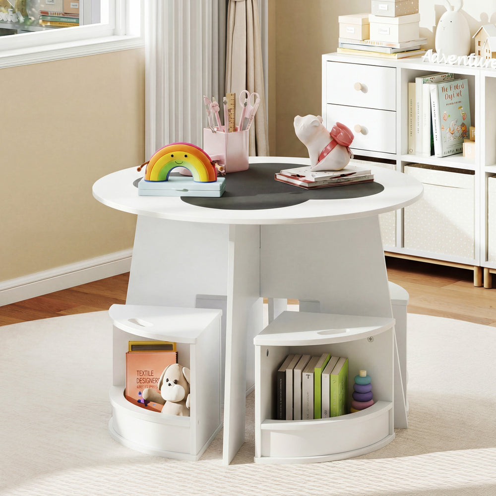 Round kids table with four storage stools in white, designed for activities and space-saving convenience.