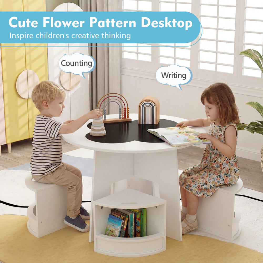 Kids table and chair set with storage stools, featuring a round design for activities, made with child-safe materials.