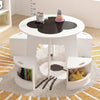 Round kids table with four storage stools in white, designed for activities and small spaces, featuring child-safe.