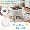 Kids table and chair set with storage stools, featuring a round table and built-in storage for toys and snacks.