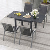 Outdoor dining table set showcasing four stackable chairs and an elegant arrangement of flowers and fruits, perfect for.