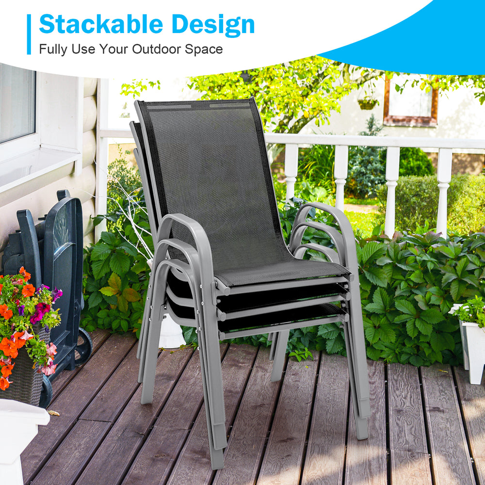 Stackable outdoor chairs with breathable fabric and curved armrests, perfect for dining sets on patios or decks.