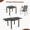 Dimensions of the outdoor dining table set with extendable aluminum table and stackable chairs for versatile use.